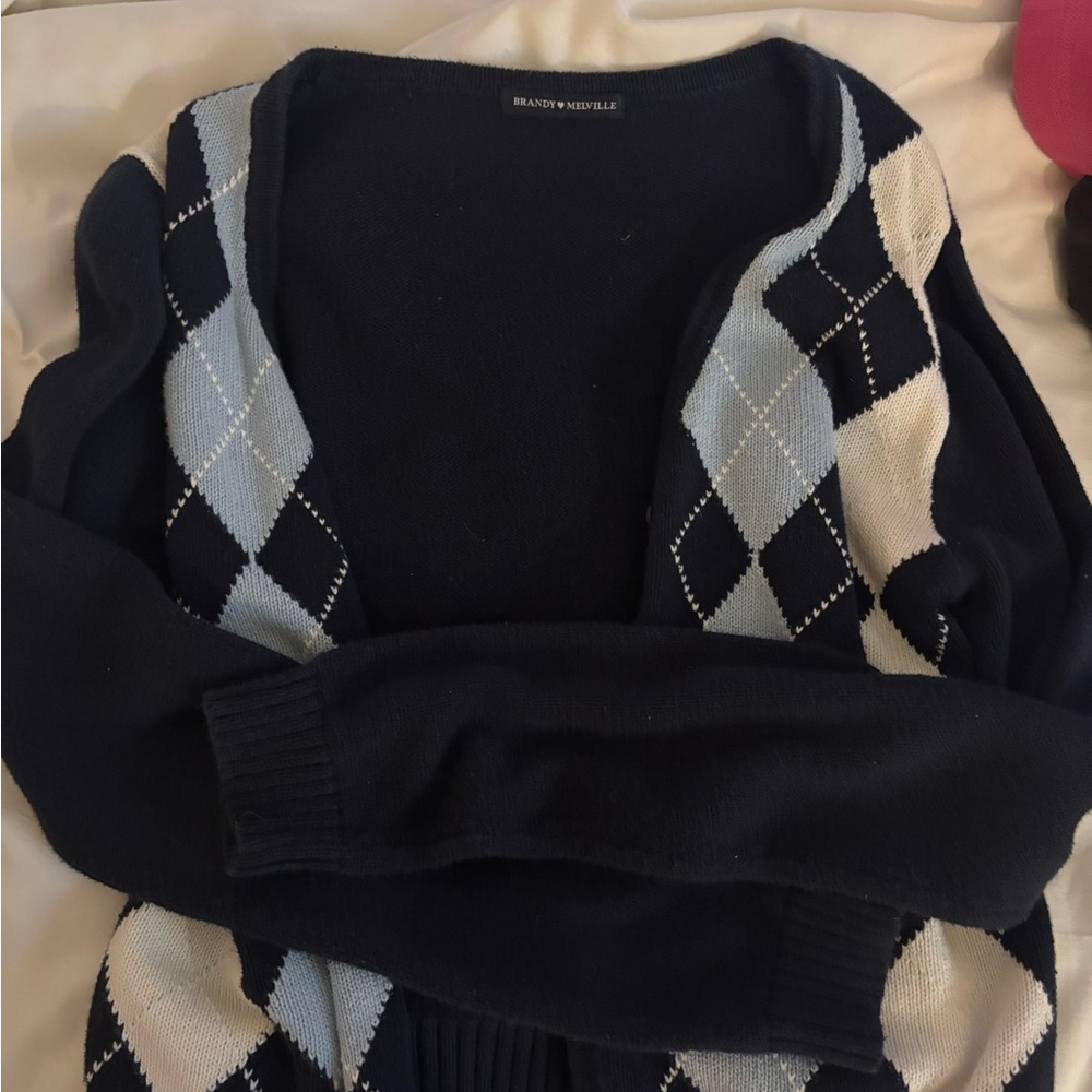 Brandy Melville Navy and Cream Argyle Cardigan